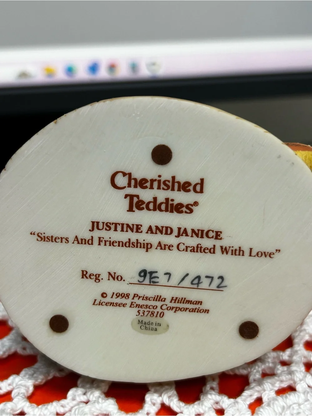 Cherished Teddies Justine and Janice Sisters Figurine - 2-1/2” tall